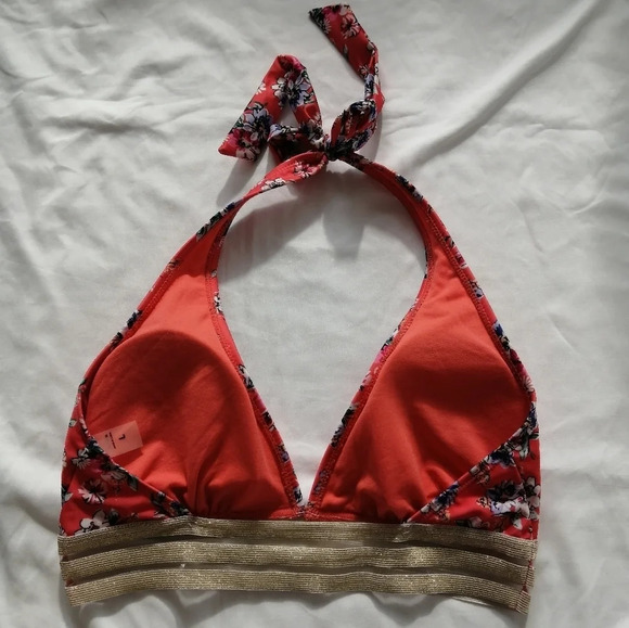 Nicole Miller Coral Pink Floral  Halter Bikini Top with Mesh Metallic Band Large - Picture 10 of 16
